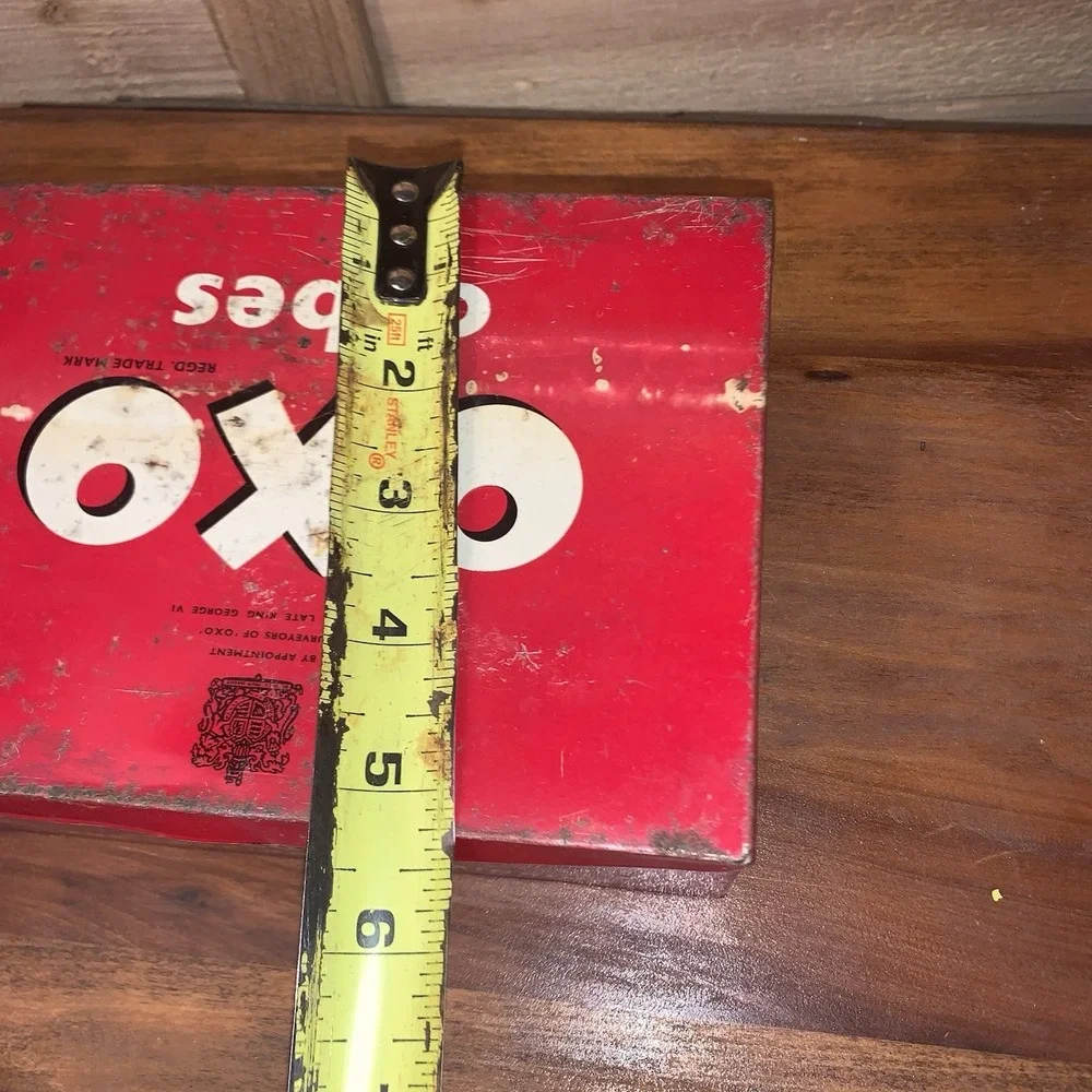 Vintage Old OXO Cubes Red Metal Tin Box & Lid King George VI Collectible Cooking